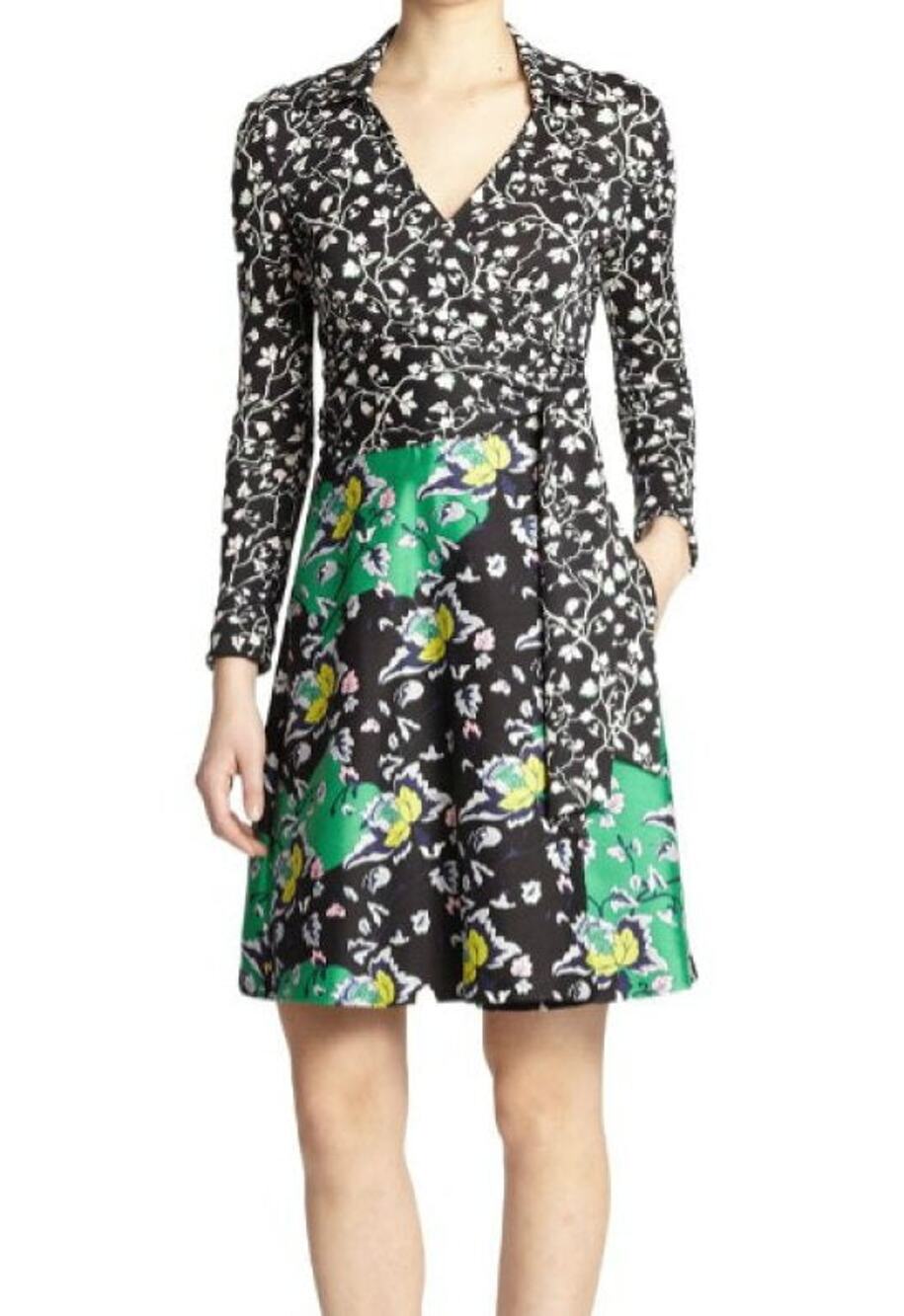 Diane von Furstenberg Amelianna Floral Mini Wrap Dress Black Green Women Size 12
